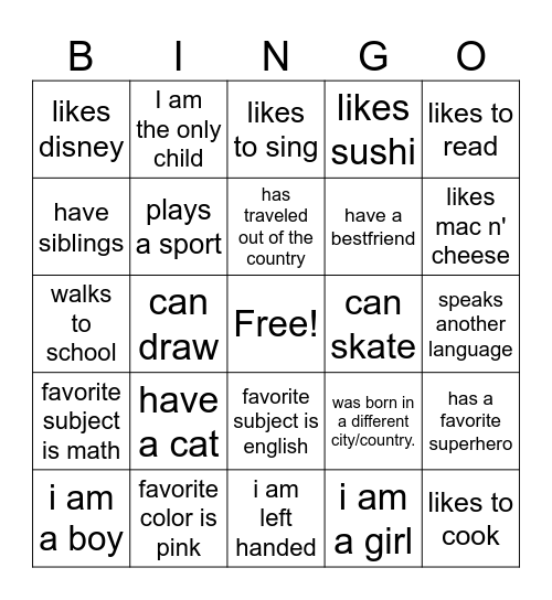 ABOUT ME Bingo Card