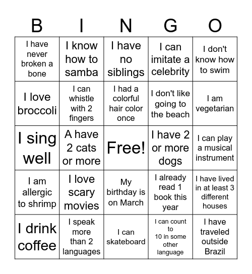 English Class Bingo Card