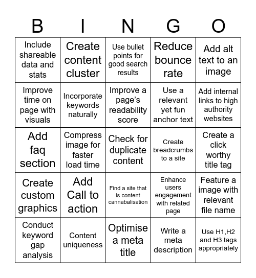 SEO BINGO Card