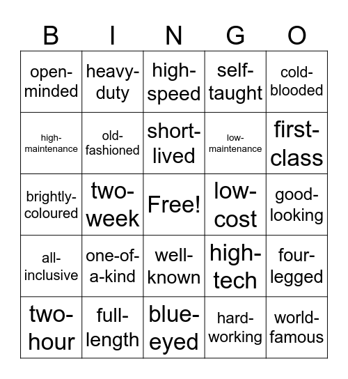 Compound adjectives Bingo Card
