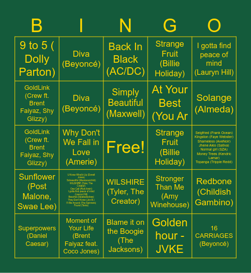 Moriah's Sweet Songs Bingo Card