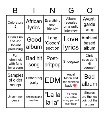 Coldplay's next album bingo Card