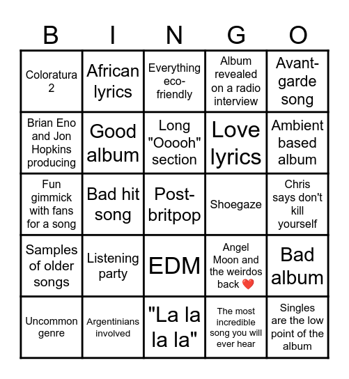 Coldplay's next album bingo Card