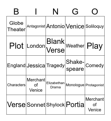 Shakespeare & Elizabethan Era Bingo Card