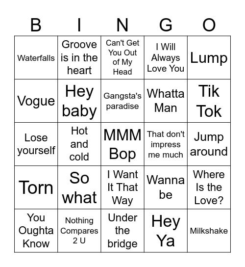 SNB 90's to 00's Music Bingo Card