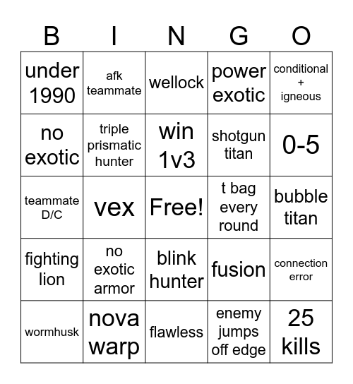 Trials Bingo Card