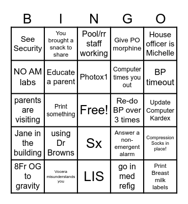 NICU BINGO Card