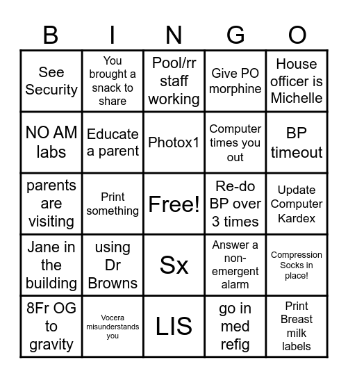 NICU BINGO Card