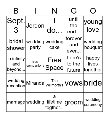 Miranda's Bridal Shower Bingo Card