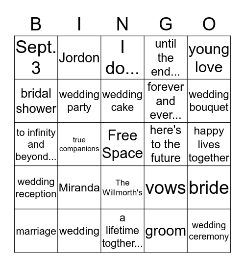 Miranda's Bridal Shower Bingo Card
