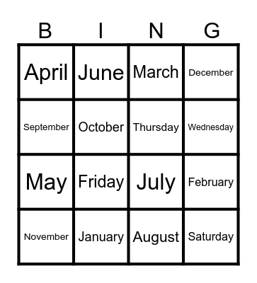 Months & Days of the week Bingo Card