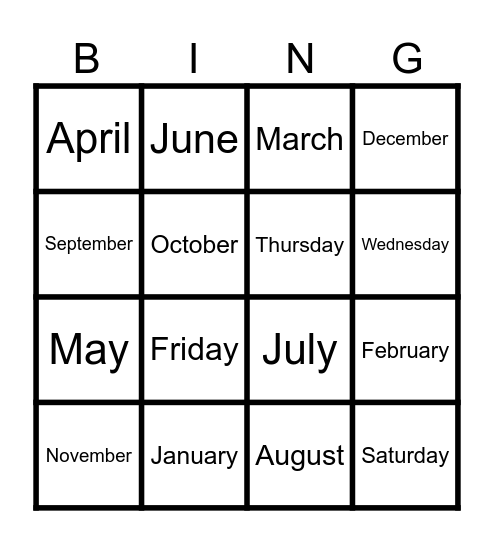 Months & Days of the week Bingo Card