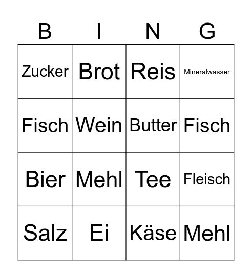 Lebensmittel Bingo Card