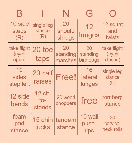 Vestibular Bingo Card