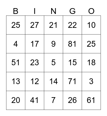 Number Recognition Bingo Card