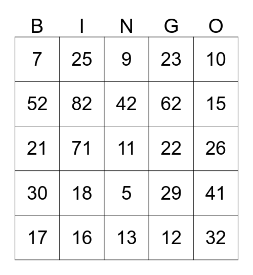 Number Recognition Bingo Card