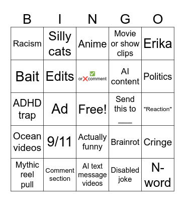 Instagram reels bingo Card