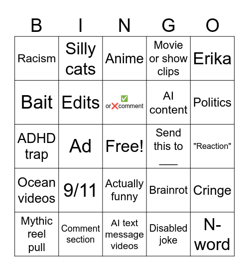 Instagram reels bingo Card