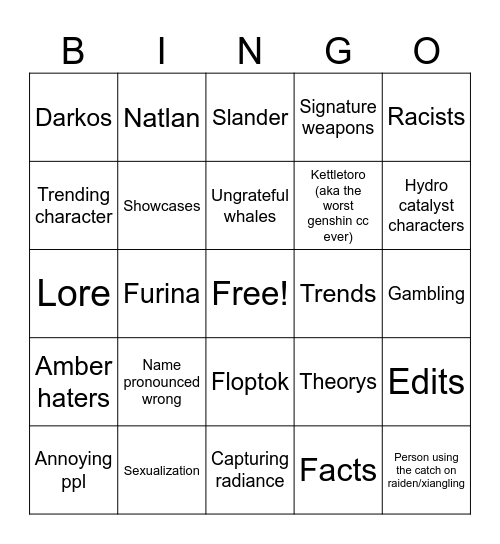genshin shorts Bingo Card