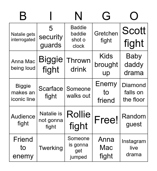 baddies Bingo Card