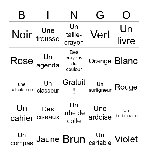 Les fournitures scolaires Bingo Card