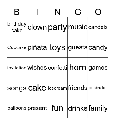 Birthday vocabulary Bingo Card