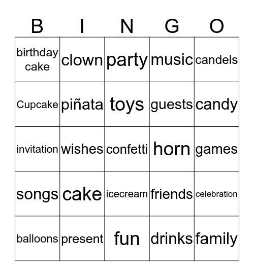 Birthday vocabulary Bingo Card