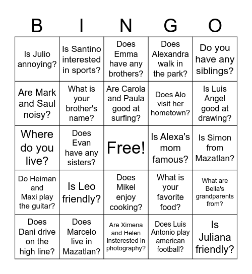 Present simple Bingo Card