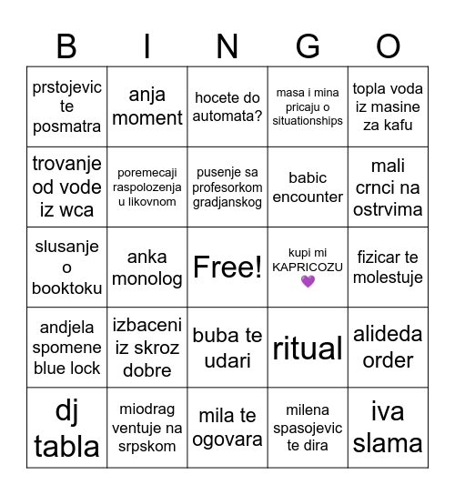 gimnazija Bingo Card