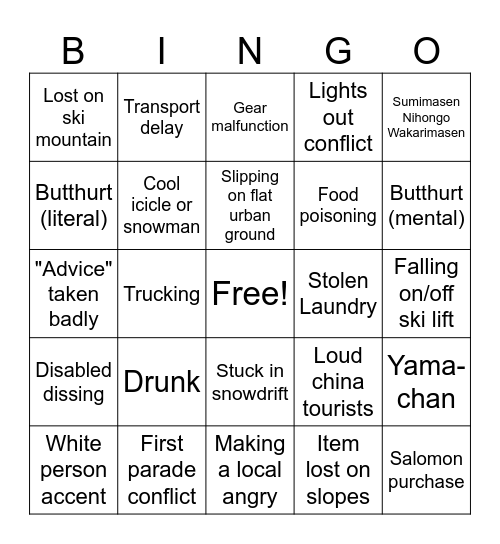 2025 Snowboard Trip Bingo Card