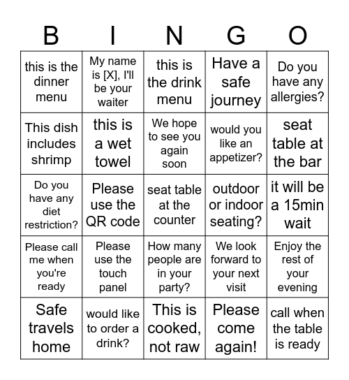 Restaraunt Bingo Card