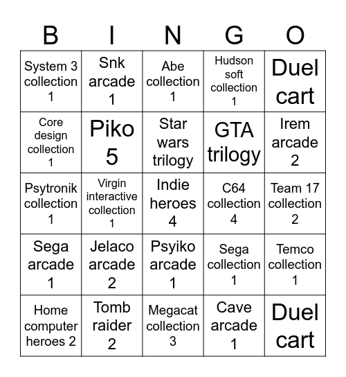 Evercade 2025 Bingo Card