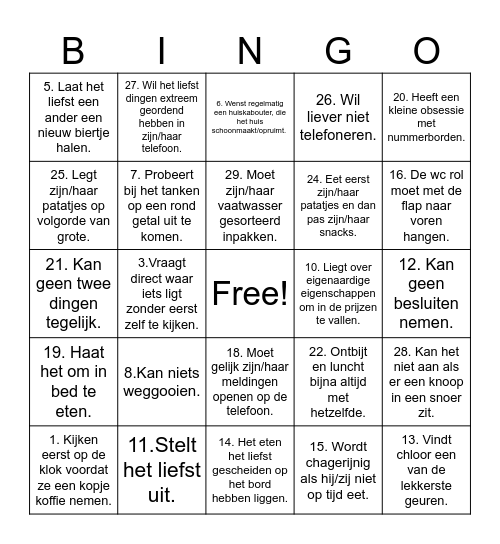 Eigenaardige gewoontes/eigenschappen Bingo Card