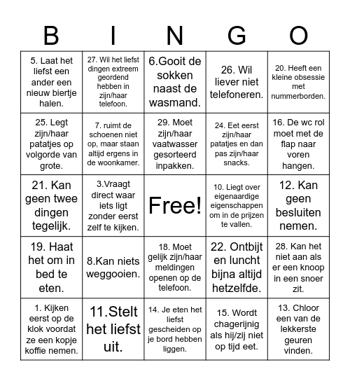 Eigenaardige gewoontes/Wieigenschappen bingo Card