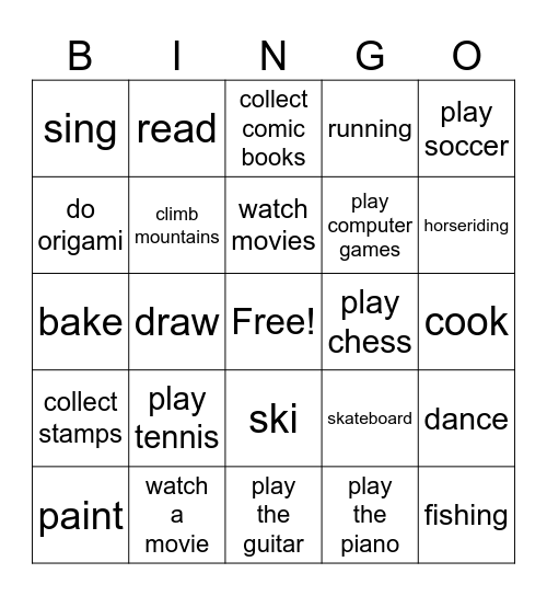 Hobby Bingo Card