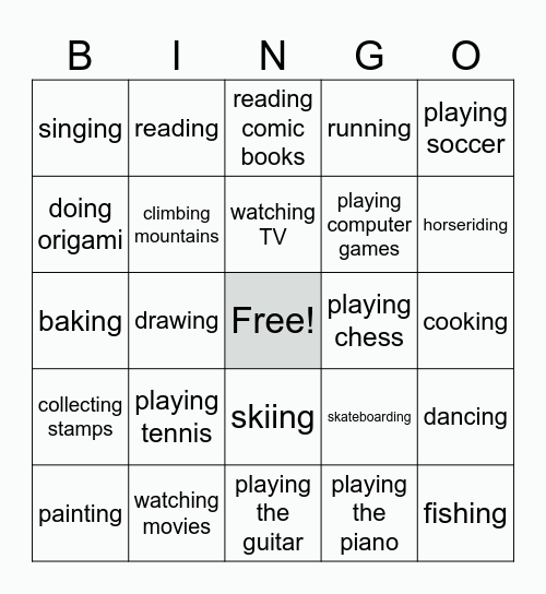 Hobby Bingo Card