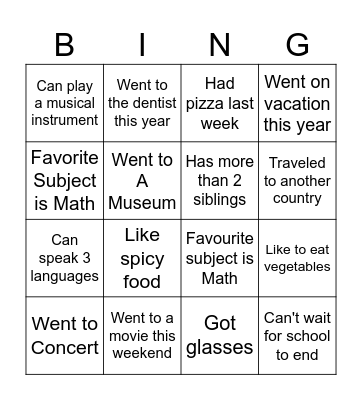 Kids Bingo Card