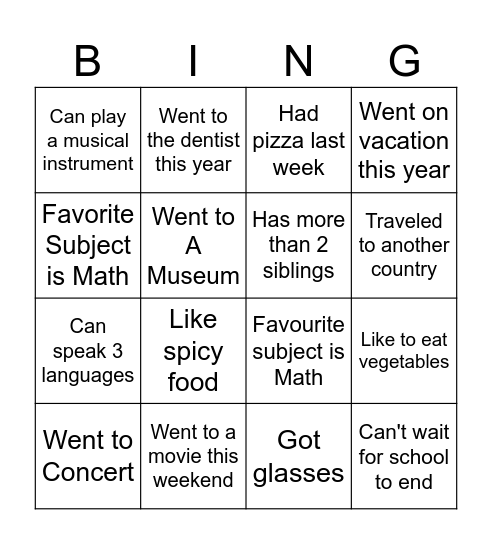 Kids Bingo Card