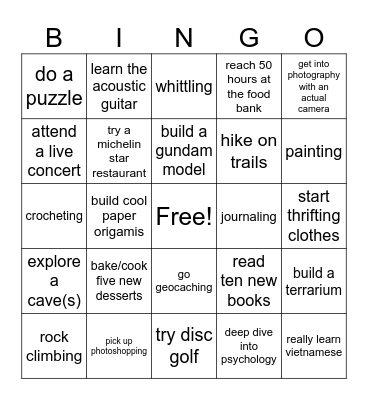 Bingo Hobbies Bingo Card