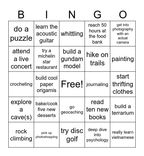 Bingo Hobbies Bingo Card