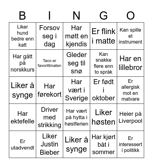 Bli kjent bingo Card