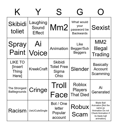 Roblox Shorts Bingo Card