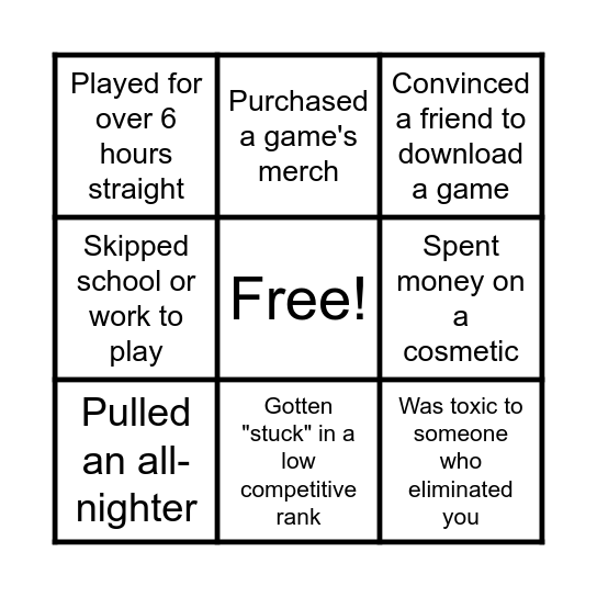 Video Game Bingo Card