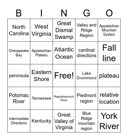 Virginia Geography Bingo Card