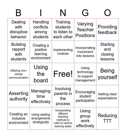 Classroom Management Techniques Bingo Card