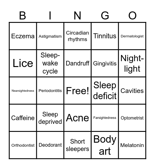 Hair, Skin, Nails, Eyes, Ears, Mouth BINGO Card