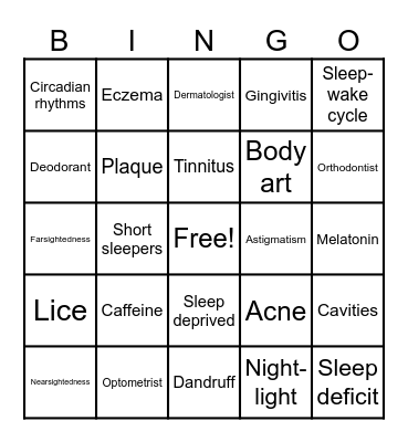 Hair, Skin, Nails, Eyes, Ears, Mouth BINGO Card