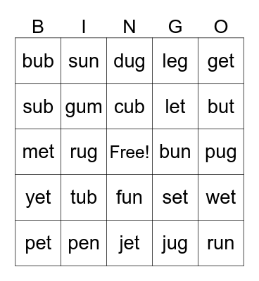 E and U Bingo Card