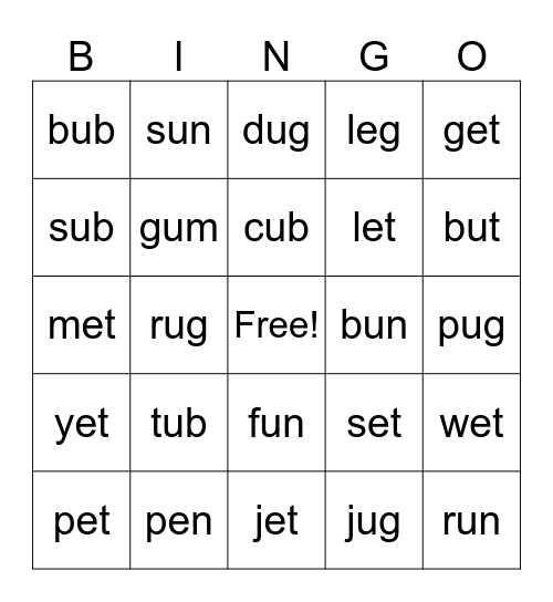 E and U Bingo Card