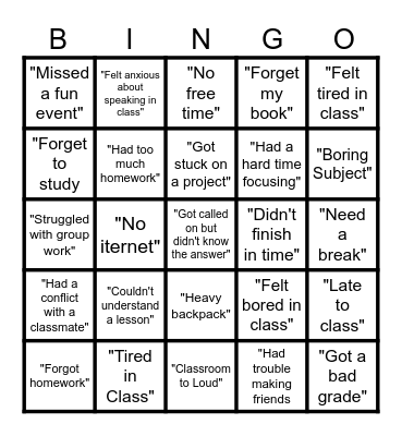 SCHOOL BLUES Bingo Card